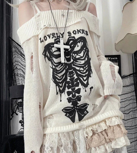 Japanese Off Shoulder Harajuku Sweater Y2k Women Gothic Punk Knitted Vintage Skull Jumpers Grunge Hollow Out Pullovers Kintwear