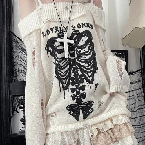 Load image into Gallery viewer, Japanese Off Shoulder Harajuku Sweater Y2k Women Gothic Punk Knitted Vintage Skull Jumpers Grunge Hollow Out Pullovers Kintwear

