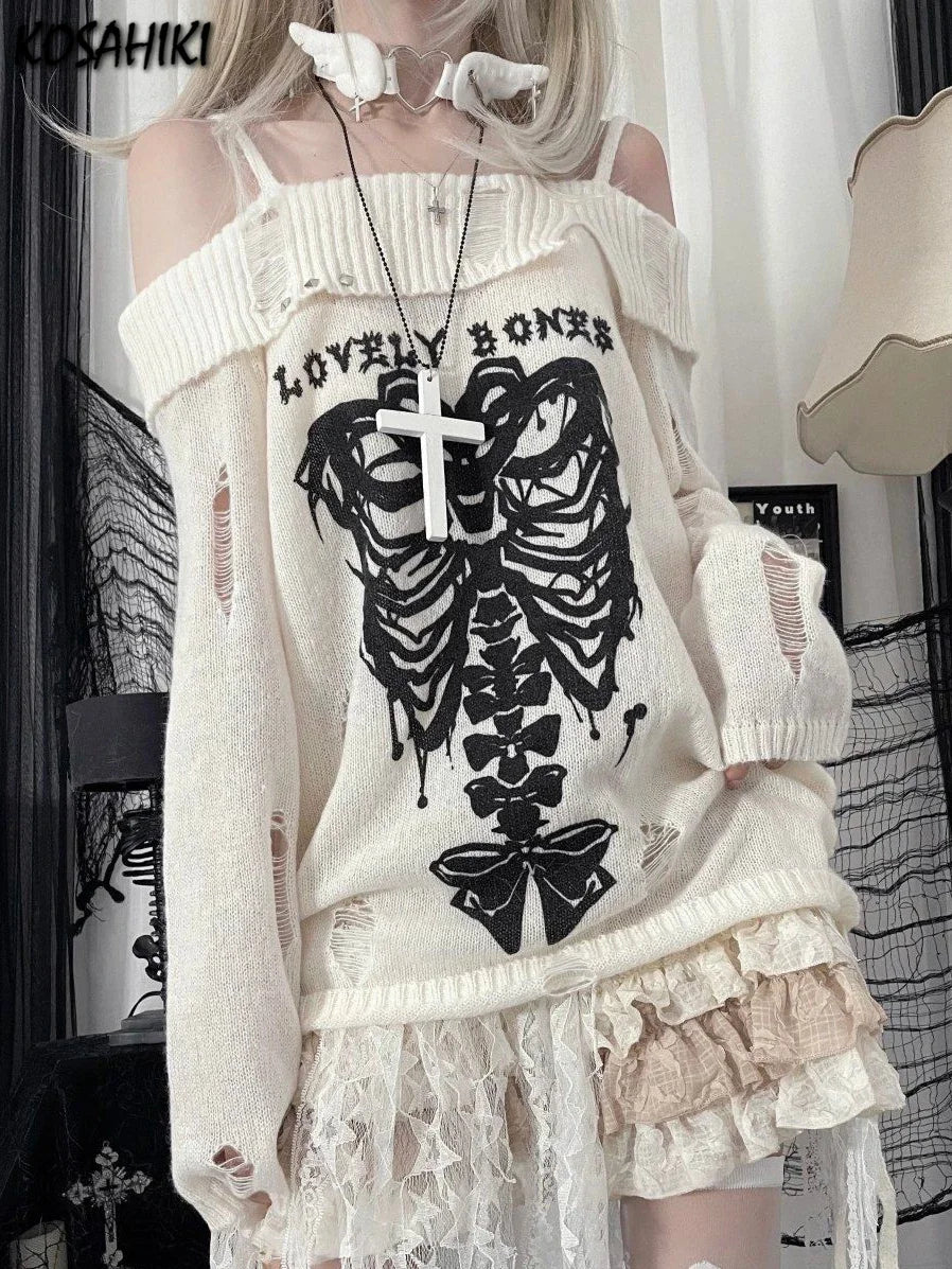 Japanese Off Shoulder Harajuku Sweater Y2k Women Gothic Punk Knitted Vintage Skull Jumpers Grunge Hollow Out Pullovers Kintwear