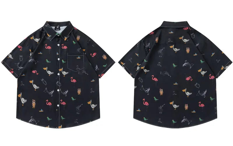 Men Hawaiian Shirts Cartoon Birds Graphic Printed Button Up Short Sleeve Beach Blouse Summer Harajuku Casual Baggy Shirt Tops