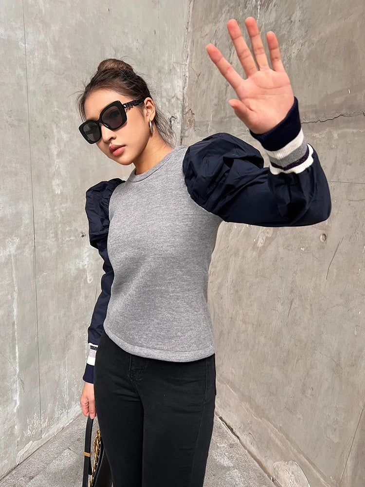 Loose Patchwork Colorblock Sweatshirt For Women Round Neck Puff Sleeve Casual Sweatshirts Female Autumn Clothes New
