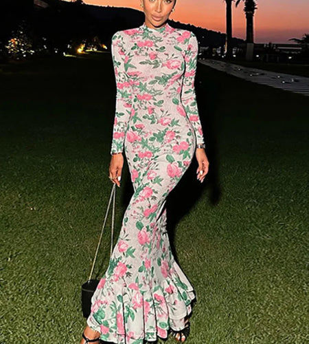 Bodycon Long Sleeve Half High Collar Print Zipper Elegant Maxi Dress Women Slim High Waist Sexy Dress Ladies Outfits