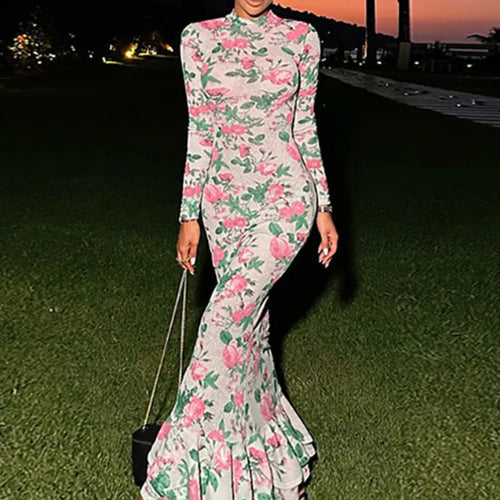 Load image into Gallery viewer, Bodycon Long Sleeve Half High Collar Print Zipper Elegant Maxi Dress Women Slim High Waist Sexy Dress Ladies Outfits
