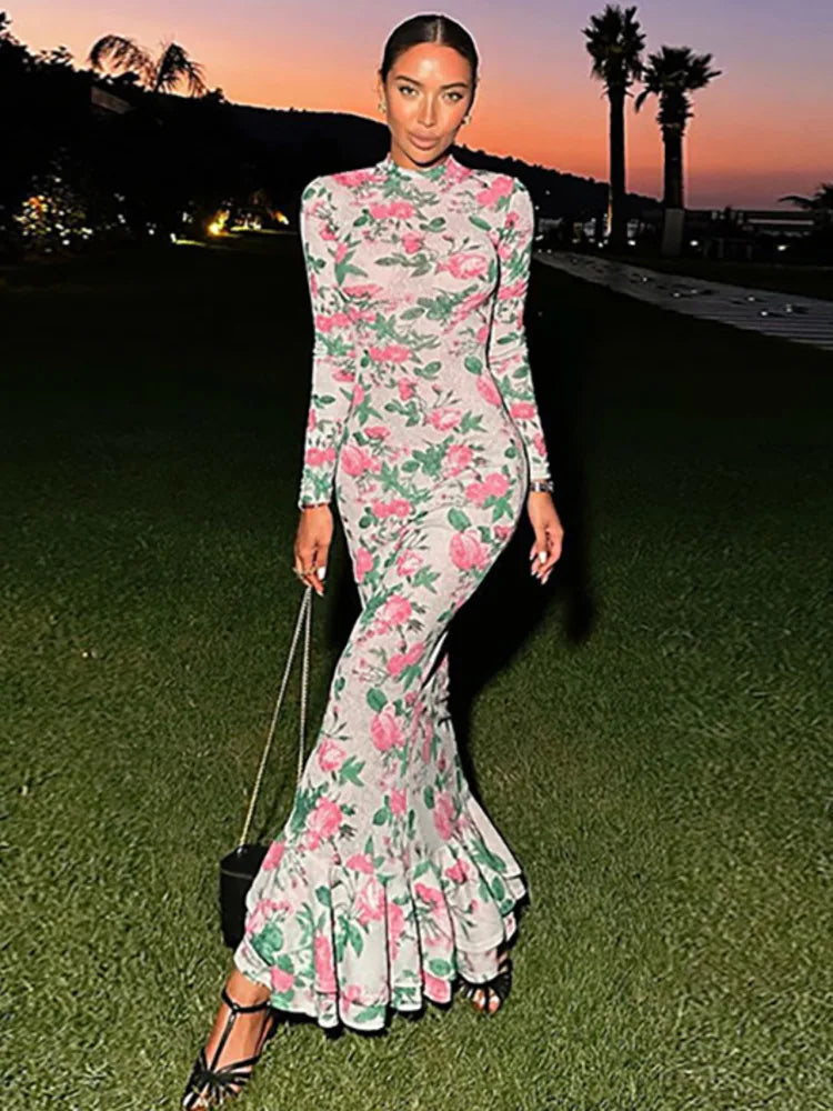 Bodycon Long Sleeve Half High Collar Print Zipper Elegant Maxi Dress Women Slim High Waist Sexy Dress Ladies Outfits