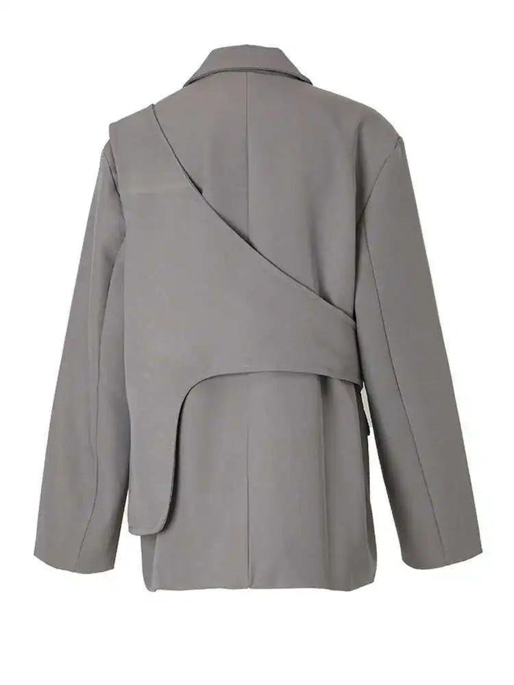 Women Gray Irregular Big Size Blazer New Lapel Long Sleeve Loose Fit Jacket Fashion Tide Spring Autumn 2025 1DF3051