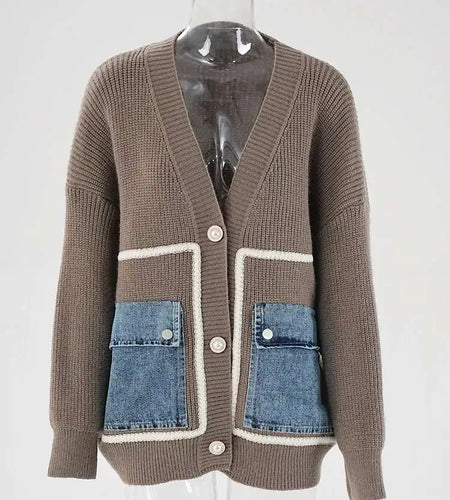 Brown Denim Pocket Big Size Knitting Cardigan Sweater V-Neck Long Sleeve Women New Fashion Tide Spring Autumn 2025 CPG1987