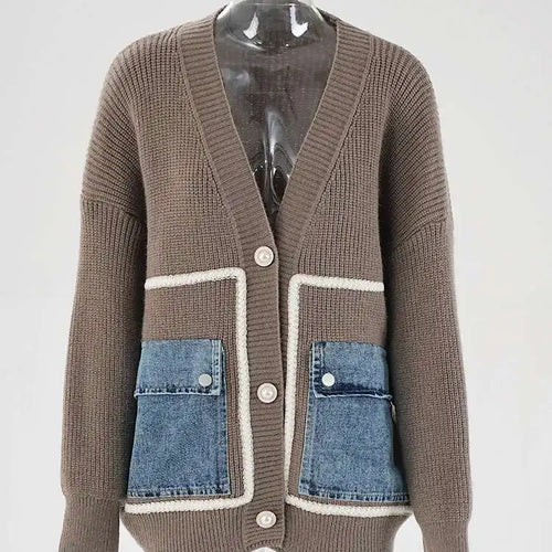 Load image into Gallery viewer, Brown Denim Pocket Big Size Knitting Cardigan Sweater V-Neck Long Sleeve Women New Fashion Tide Spring Autumn 2025 CPG1987
