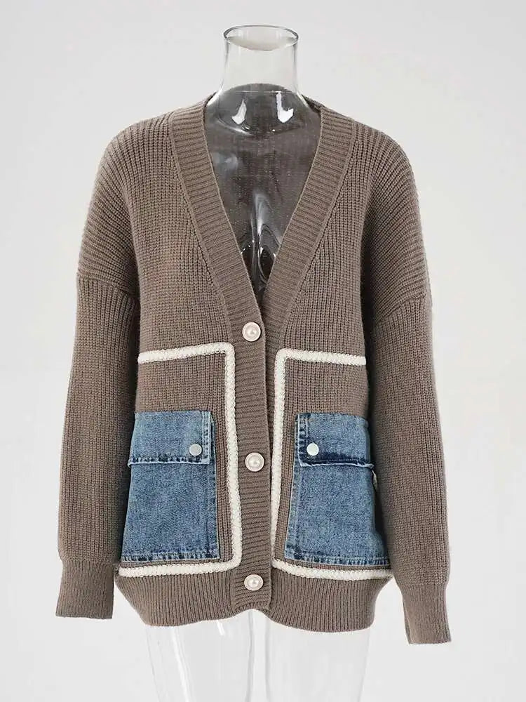 Brown Denim Pocket Big Size Knitting Cardigan Sweater V-Neck Long Sleeve Women New Fashion Tide Spring Autumn 2025 CPG1987