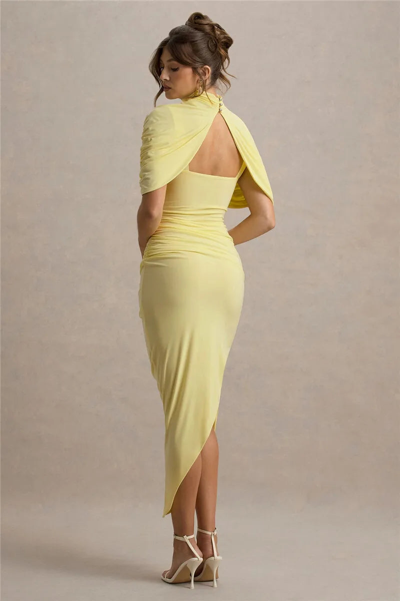 Half Sleeve Backless Ruched Sexy Maxi Dress Women Summer New Turtleneck Slim High Waist Evening Club Party Long Dress