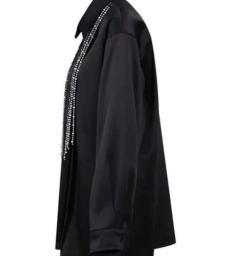 Women Black Pearl Nailed Big Size Elegant Blouse New Lapel Long Sleeve Shirt Fashion Tide Spring Autumn 2025 CPG2792