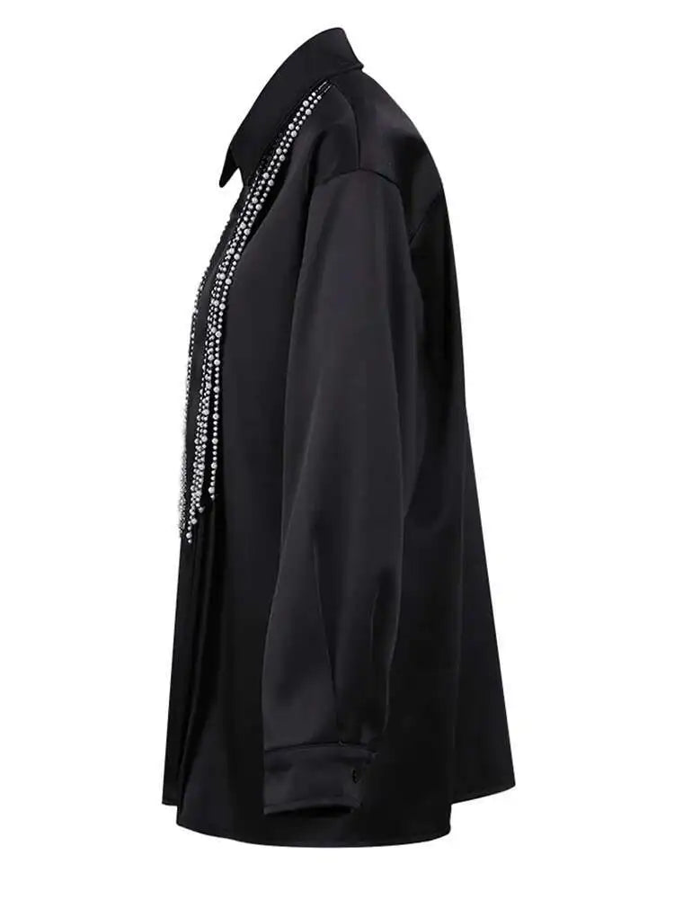 Women Black Pearl Nailed Big Size Elegant Blouse New Lapel Long Sleeve Shirt Fashion Tide Spring Autumn 2025 CPG2792