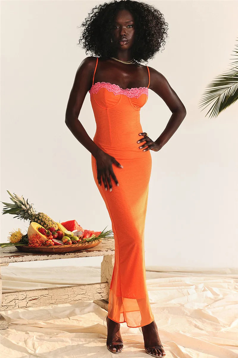 Lace Spaghetti Strap Bodycon Maxi Dress Women Gown Patchwork Fashion Sleeveless Backless Sexy Club Party Dress Elegant