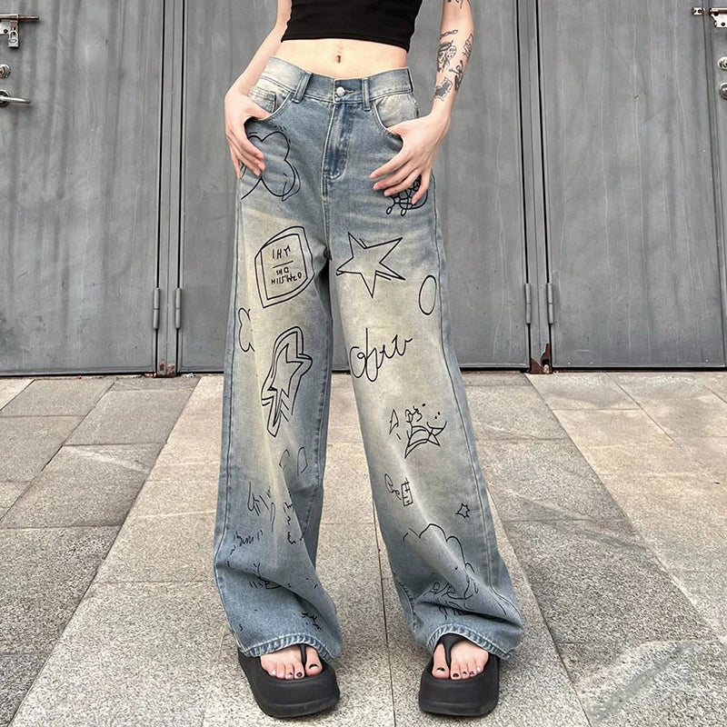 Harajuku Printed Basic Low Rise Women's Jeans Distressed Korean Straight Leg Denim Pants Casual Baggy Trousers Bottom
