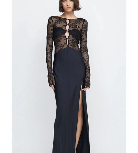 Sexy Lace Patchwork Hollow Out Women Dress Long Sleeve High Split Sheer Female Dress Elegant Party Club Evening Dress