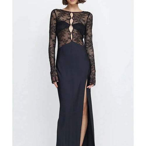 Load image into Gallery viewer, Sexy Lace Patchwork Hollow Out Women Dress Long Sleeve High Split Sheer Female Dress Elegant Party Club Evening Dress
