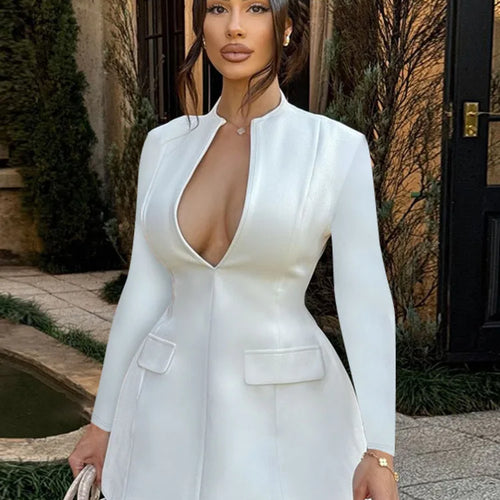 Load image into Gallery viewer, Autumn Long Sleeve Sexy Mini Dress For Women Solid Zipper Deep V Neck Two Pocket High Waist A-line Dress Femme Clothes
