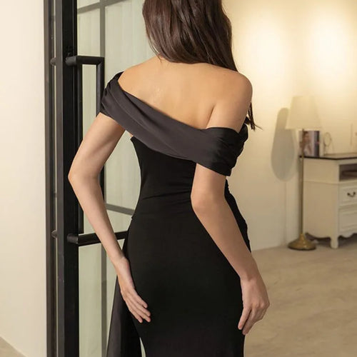 Load image into Gallery viewer, One Shoulder Mesh Patchwork Ribbon Dress Women Fashion New Slim Fit Black Female Long Dress Elegant Party Evening Dress
