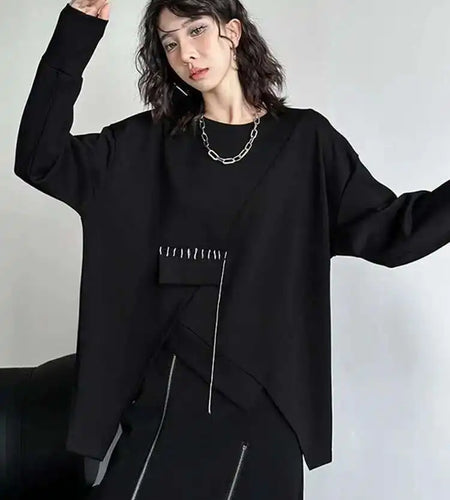 Black Topstitched Irregular Hem Sweatshirt New Round Neck Long Sleeve Women Big Size Fashion Spring Autumn 2025 1DH7646