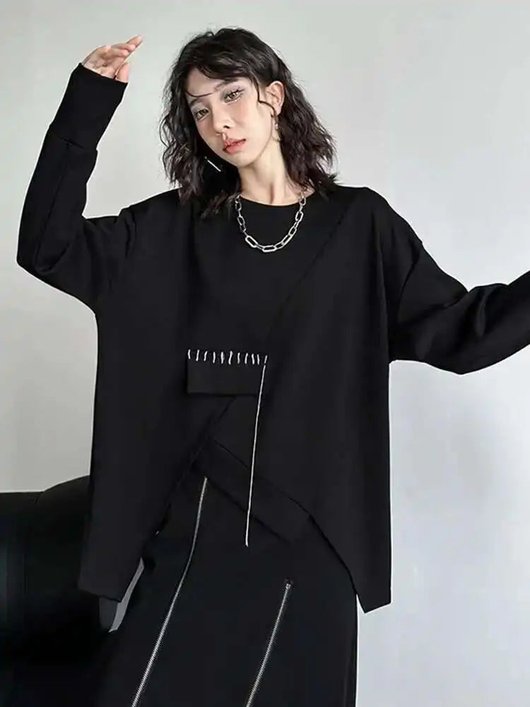 Black Topstitched Irregular Hem Sweatshirt New Round Neck Long Sleeve Women Big Size Fashion Spring Autumn 2025 1DH7646
