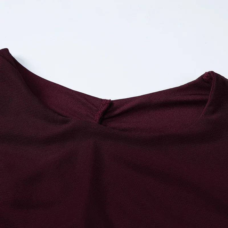 Elegant Hollow Out Sexy Mini Dress For Women Wine Red O Neck Sheer Long Sleeve Bodycon Club Party Sexy Dress Vestidos