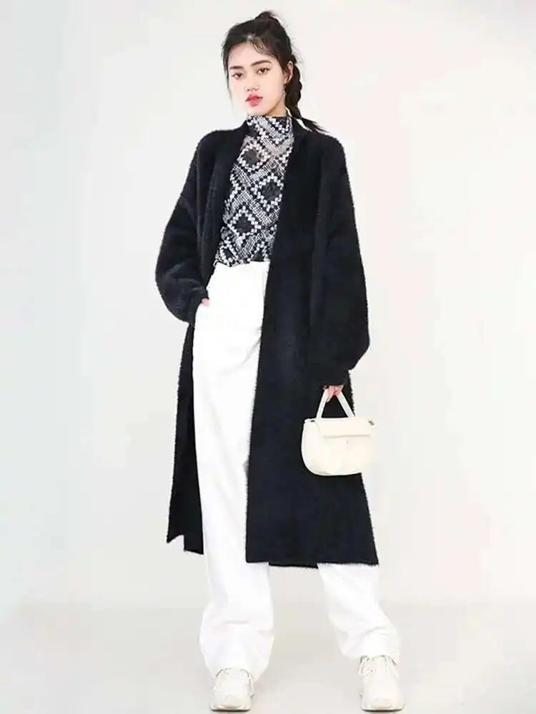 Black Big Size Long Knitting Sweater Cardigan Loose Fit V-Neck Long Sleeve Women New Fashion Spring Autumn 2025 JH2480