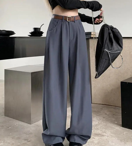 Fashion High Waist With Belt Suit Long Pants Women 2023 Spring Autumn Casual Loose Solid Straight Trouser Female Streetwear Chic