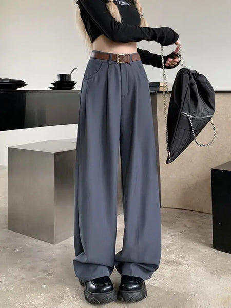 Fashion High Waist With Belt Suit Long Pants Women 2023 Spring Autumn Casual Loose Solid Straight Trouser Female Streetwear Chic
