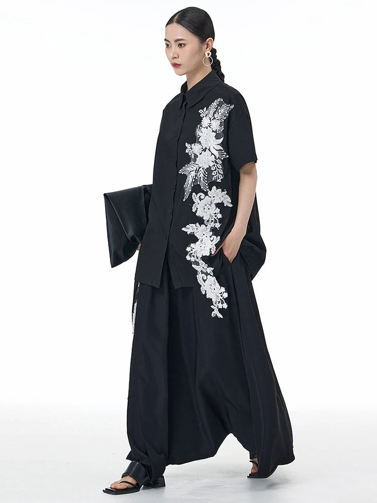 Women Black Appliques Irregular Big Size Casual Blouse New Lapel Short Sleeve Shirt Fashion Spring Summer 2025 1DJ1501