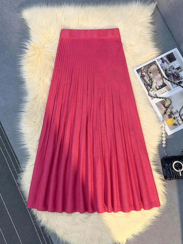 Autumn Winter New Women's Solid Elegant Knitted Long Skirt Elastic High Waist Vacation Party Wrap Hip Pleated Skirts 2024 Casual