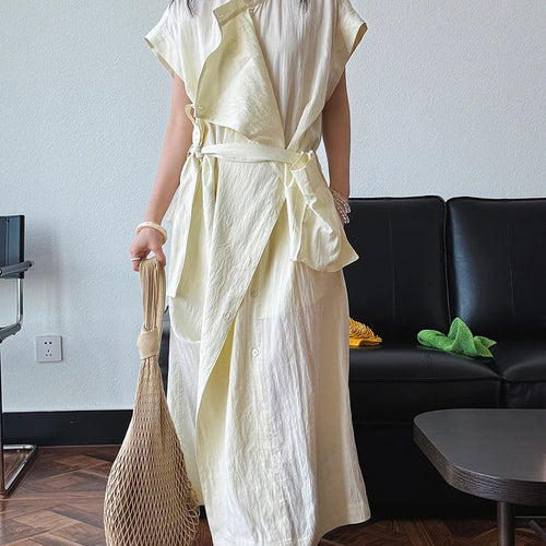 Load image into Gallery viewer, Women  Beige Ruffles Big Size Elelgant Long Dress New Stand Collar Short Sleeve Fashion Tide Spring Summer 2025 1DJ1406
