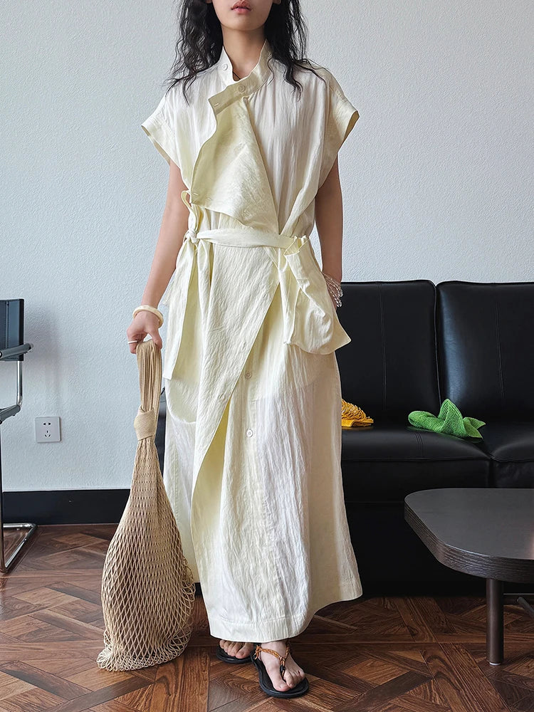 Women  Beige Ruffles Big Size Elelgant Long Dress New Stand Collar Short Sleeve Fashion Tide Spring Summer 2025 1DJ1406