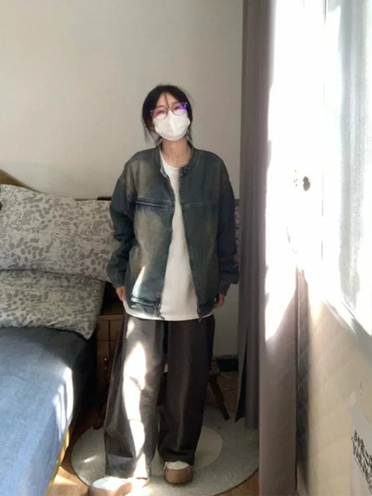 Streetwear Loose Casual Vintage Jeans Coats Cowboy Women Zipper Denim Jackets 2025 Y2k Aesthetic Grunge Fairy Harajuku Tops