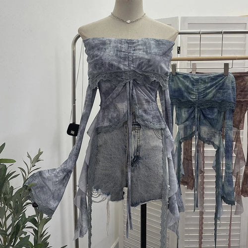 Load image into Gallery viewer, Slash Neck Tie-dye Harajuku T-shirts Streetwear Lace Patchwork Slim Fit Grunge Tops Women Y2k Aesthetic Vintage Drawstring Tees
