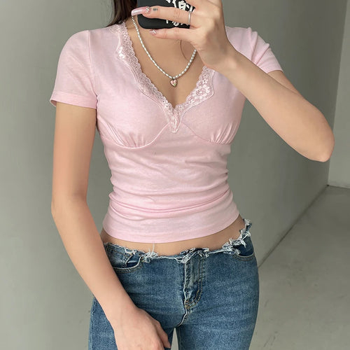 Load image into Gallery viewer, Sweet Pink Slim V Neck Summer T-shirt Women Coquette Clothes Fold Top Basic Korean Style Tee Shirts Short Sleeve Cute
