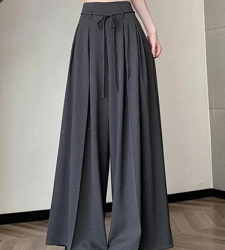 Women Black Beige Sequin Straight Wide Leg Long Pant Gray High Waist Casual Loose Lace-up Pleated Trousers Spring Summer New Y2k