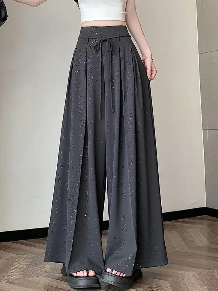 Women Black Beige Sequin Straight Wide Leg Long Pant Gray High Waist Casual Loose Lace-up Pleated Trousers Spring Summer New Y2k