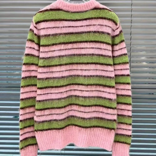 Load image into Gallery viewer, Colorblock Striped Loose Pullover Knitting Sweaters For Women Round Neck Long Sleeves Temperament Sweater Female
