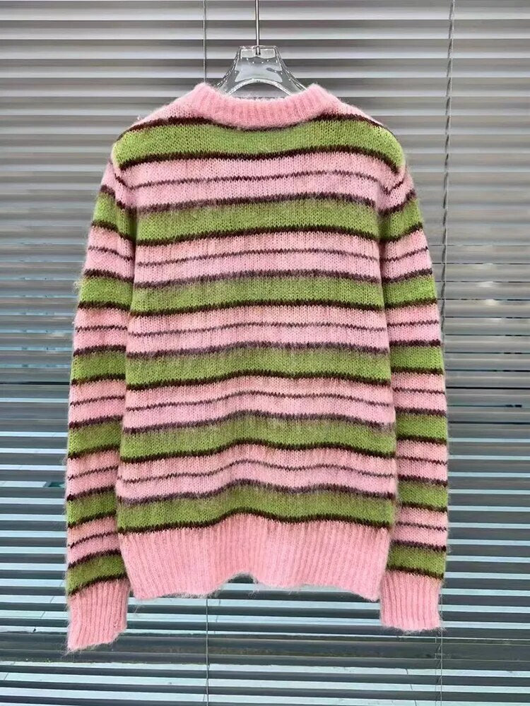 Colorblock Striped Loose Pullover Knitting Sweaters For Women Round Neck Long Sleeves Temperament Sweater Female