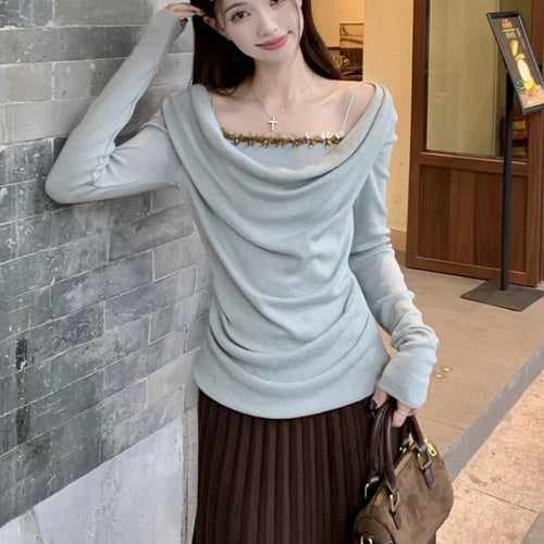 Load image into Gallery viewer, Korean Chic Fake Two Piece Long Sleeve T-Shirts Y2k Aesthetic Sequined Slim Women's Tops Harajuku Pleated Bottoming Tees Femme
