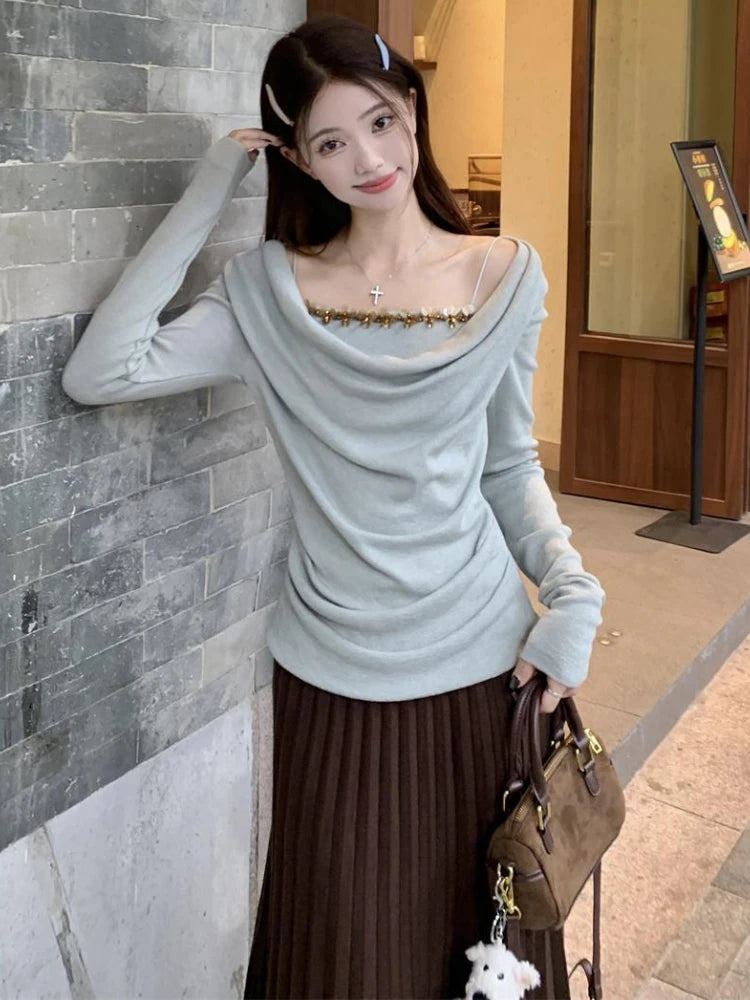Korean Chic Fake Two Piece Long Sleeve T-Shirts Y2k Aesthetic Sequined Slim Women's Tops Harajuku Pleated Bottoming Tees Femme