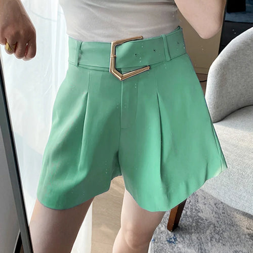 Load image into Gallery viewer, Green Short Pants For Women Hihg Waist Pleasted Casual Loose Patchwork Zipper Temperament Shorts Skirts Female
