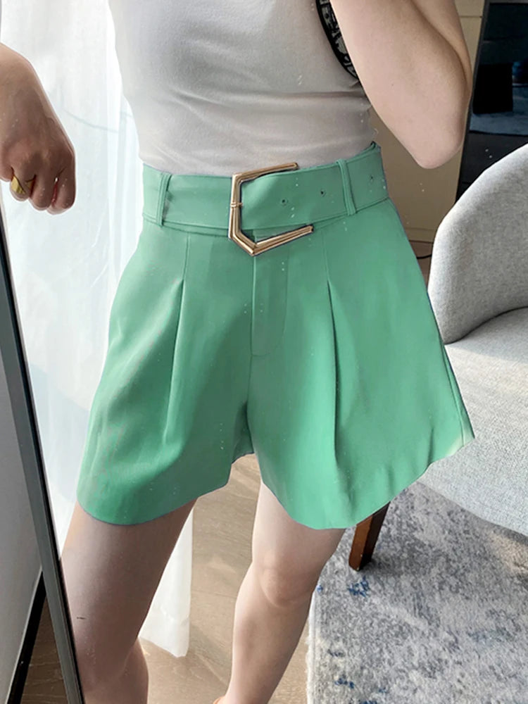 Green Short Pants For Women Hihg Waist Pleasted Casual Loose Patchwork Zipper Temperament Shorts Skirts Female