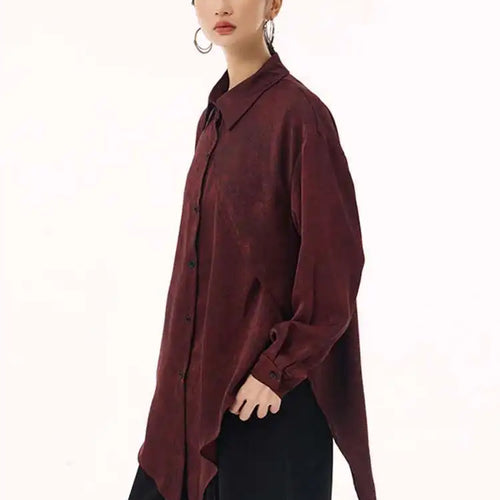 Load image into Gallery viewer, Women Red Irregular Hem Back Slit Big Size Blouse New Lapel Long Sleeve Shirt Fashion Tide Spring Autumn 2025 1DH9230
