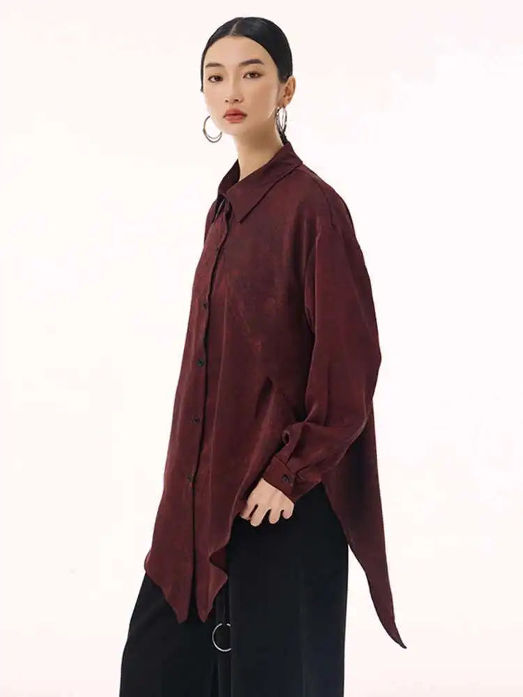 Women Red Irregular Hem Back Slit Big Size Blouse New Lapel Long Sleeve Shirt Fashion Tide Spring Autumn 2025 1DH9230