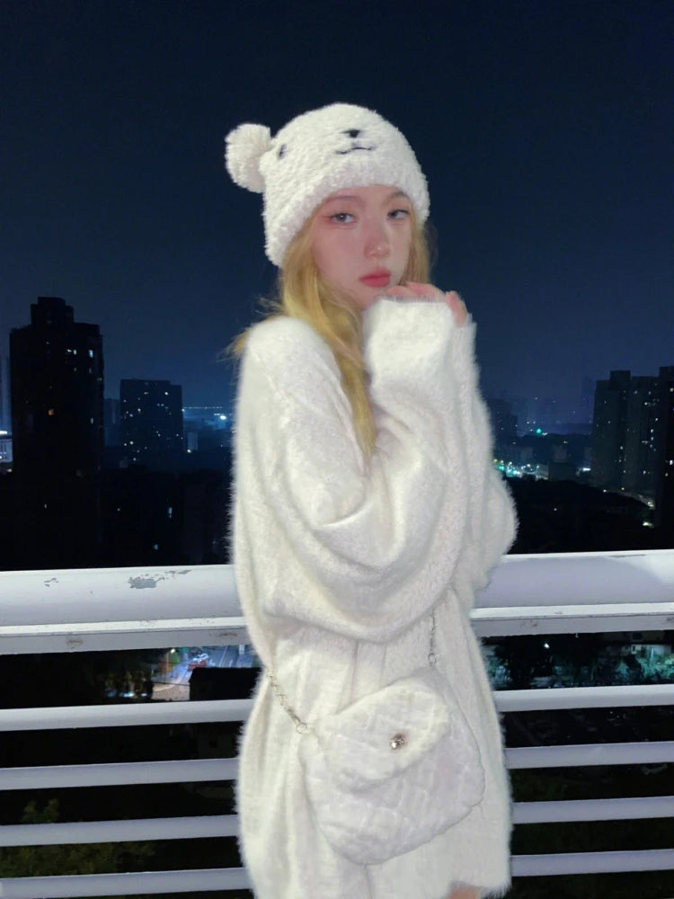 Autumn Winter Soft Mohair Pullover Women Caual Loose White Sweater Warm Knitting Y2k Aesthetic Sueter Mujer Streetwear