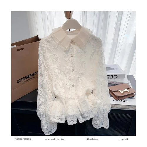Load image into Gallery viewer, French Vintage Women White Lace Elegant Long Sleeve Shirt 2024 New Autumn Winter Single Breasted Ruffle Edge Slim Blouse Tops
