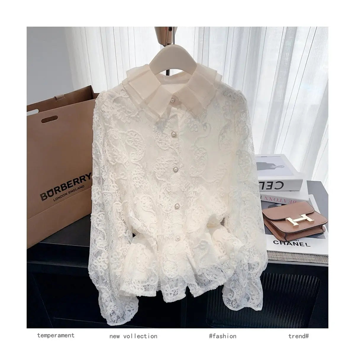 French Vintage Women White Lace Elegant Long Sleeve Shirt 2024 New Autumn Winter Single Breasted Ruffle Edge Slim Blouse Tops