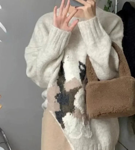 Sweet Y2k Aesthetic Grunge Cat Jacquard Sweaters Oversized Casual Japanese Jumpers Fashion All Match Knitted Women Pullovers