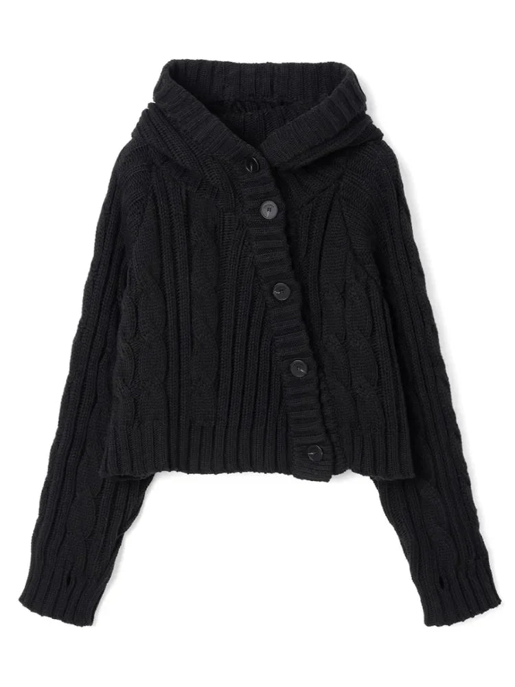 Vintage Cropped Cardigan Jackets Women Clothing Pull Femme Hooded Knitted Ribbed Sweater Tops Chic Casual Knitwear Sueter Mujer