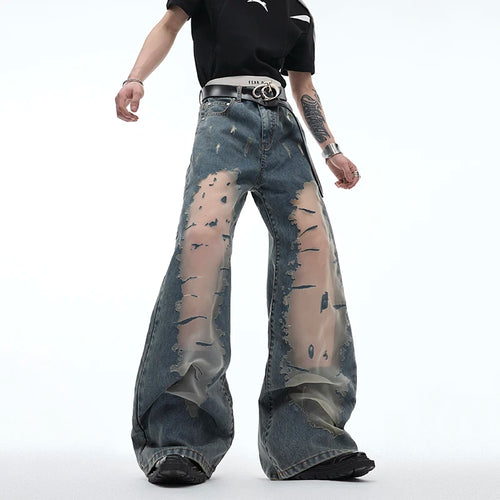 Load image into Gallery viewer, Men&#39;s Mesh Spliced Jeans Hollowed Out Gradual Niche Design Flare Pants Denim Patchwork Male Summer Fashion Trend 24Y165
